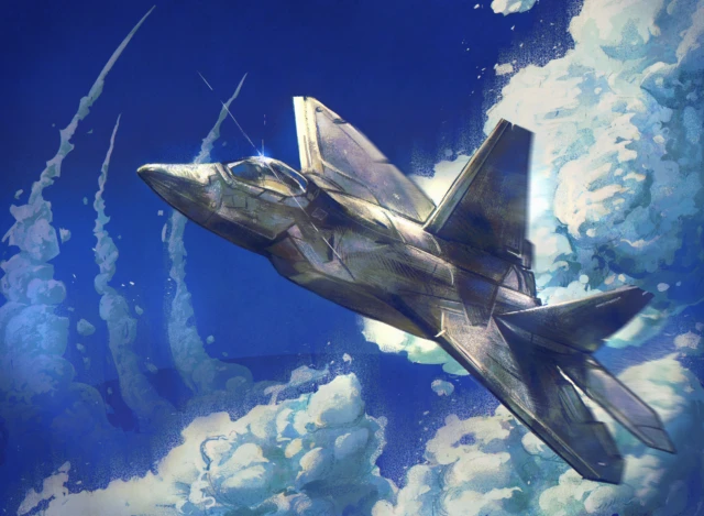 A grey stealth fighter jet banking through a deep blue sky, with white clouds below and long contrail streaks behind it.