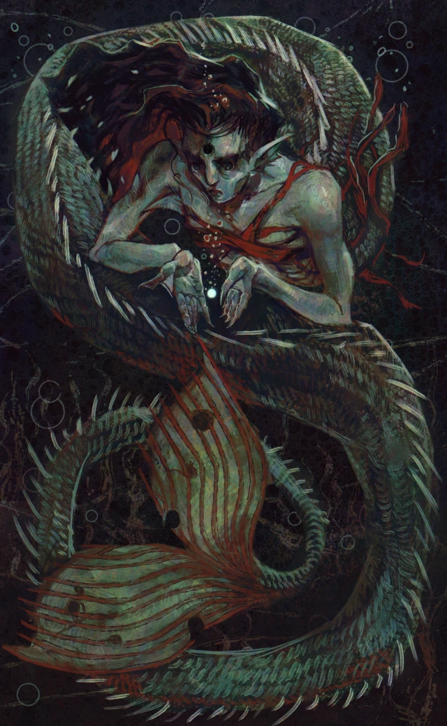 A pale mermaid with a long spined green tail coiled around herself in dark water, wearing red seaweed across her chest.
