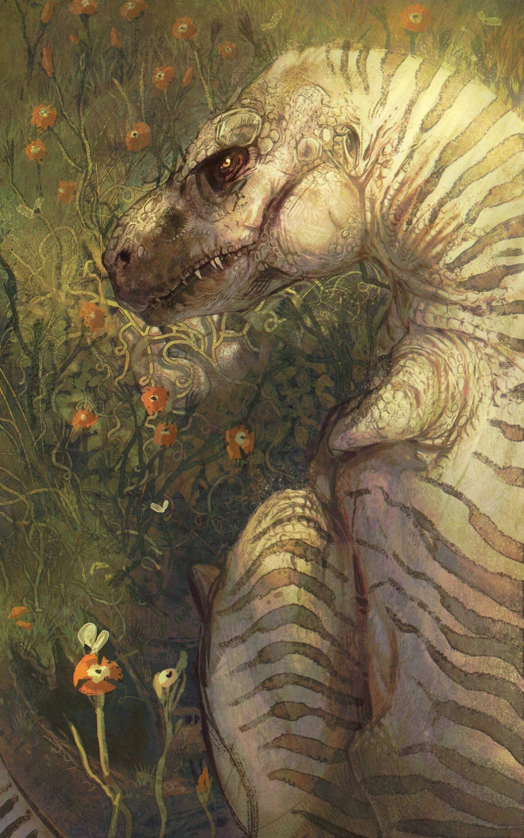 A pale crested dinosaur with striped skin raising its head above tall grass and orange flowers. A clutch of eggs is hidden in the foliage.