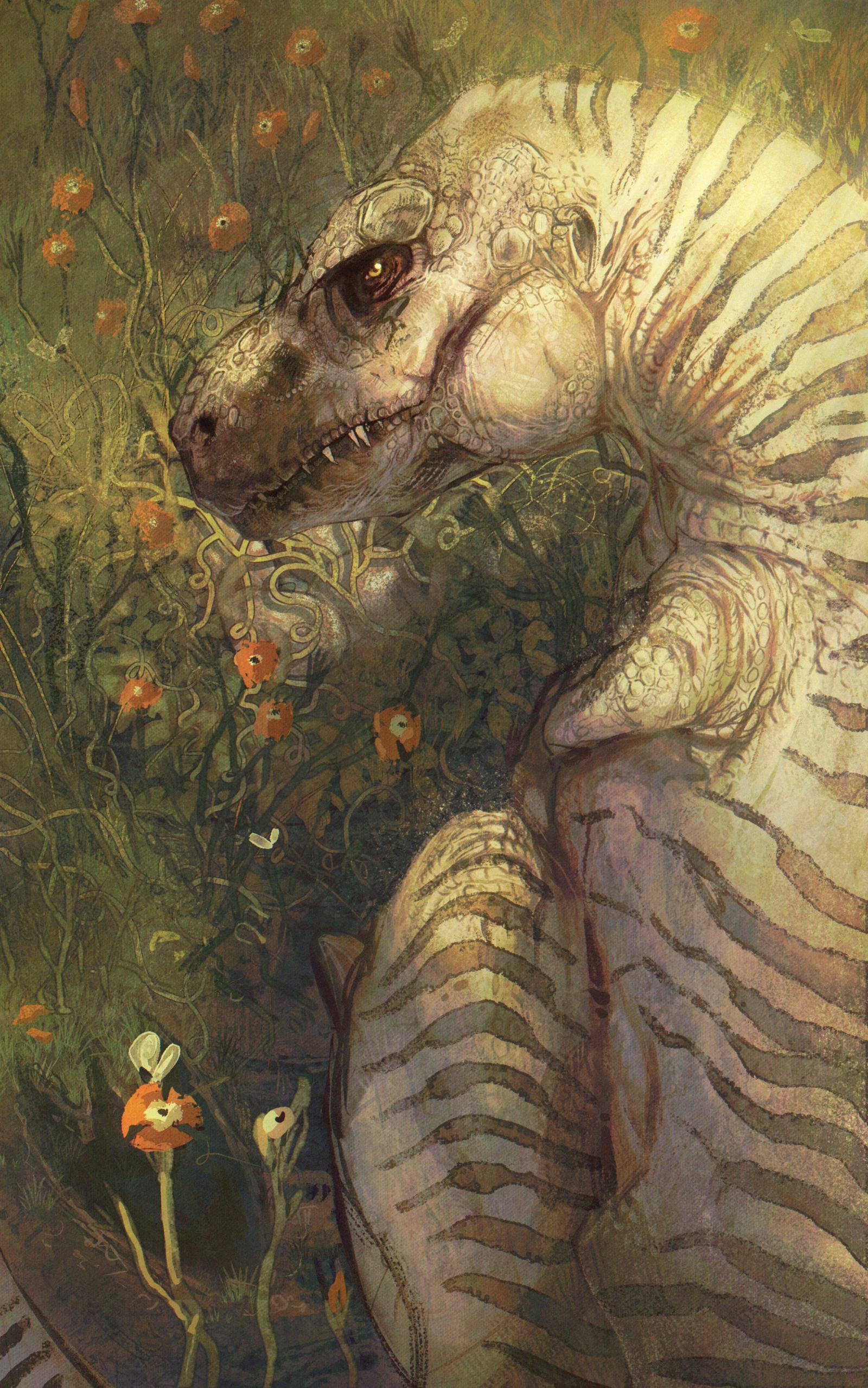 A pale crested dinosaur with striped skin raising its head above tall grass and orange flowers. A clutch of eggs is hidden in the foliage.