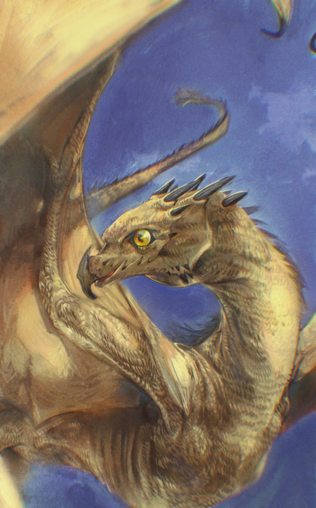 A tan and gold dragon in flight seen from the side, neck curved and wings spread against a deep blue sky.