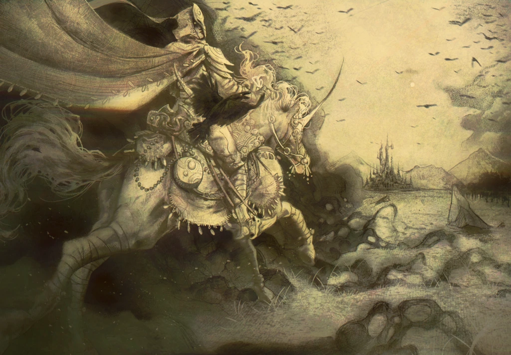 A hooded rider on a pale horse crossing rough ground in sepia tones, with crows overhead and a distant castle on the horizon.