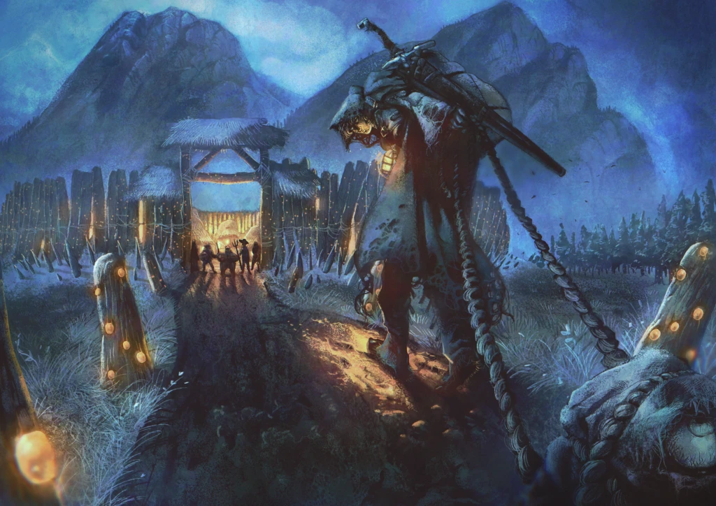 A tall armoured figure carrying a long blade walks away from a lit gateway at night, with lanterns, small distant figures and mountains in the blue darkness.