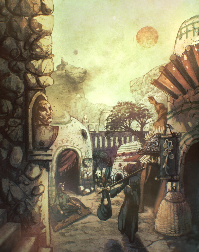 A sunlit street of domed stone buildings under a pale green sky, with figures walking around and a carved stone face set into the wall on the left.