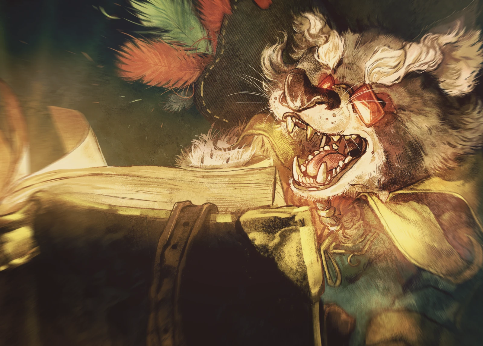 A raccoon in a feathered tricorn hat and a blue coat, mouth open mid shout, leaning over an open book emitting a warm light.