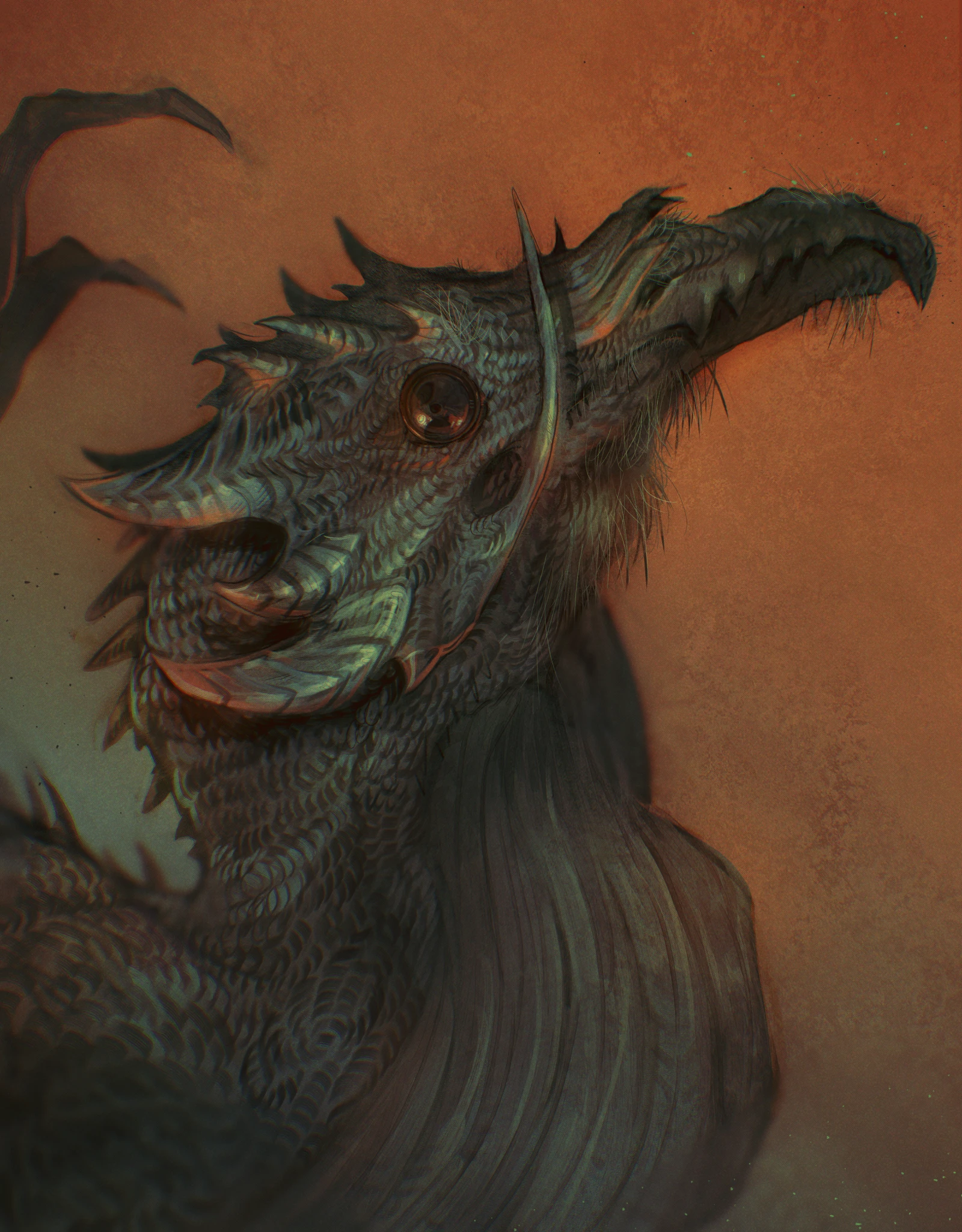 Digital painting of a dark scaled dragon head in profile against a warm terracotta background, with small horns and a spined frill