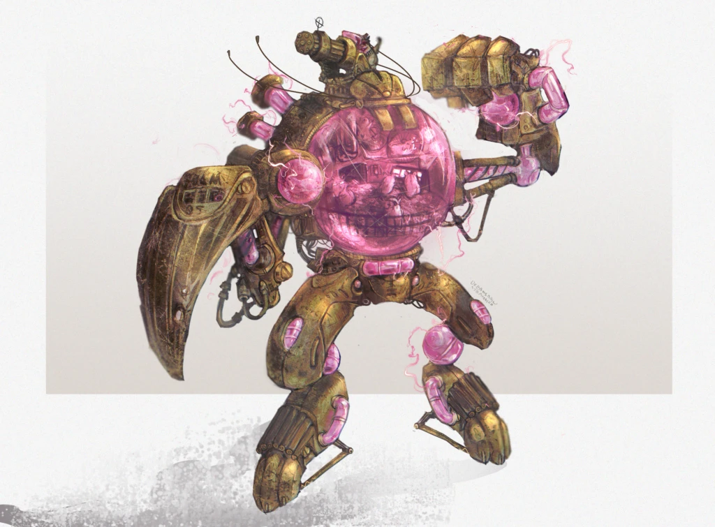 A stocky brass mechanical suit with a glowing pink glass dome containing hamsters, one arm raised, standing on a plain pale background.
