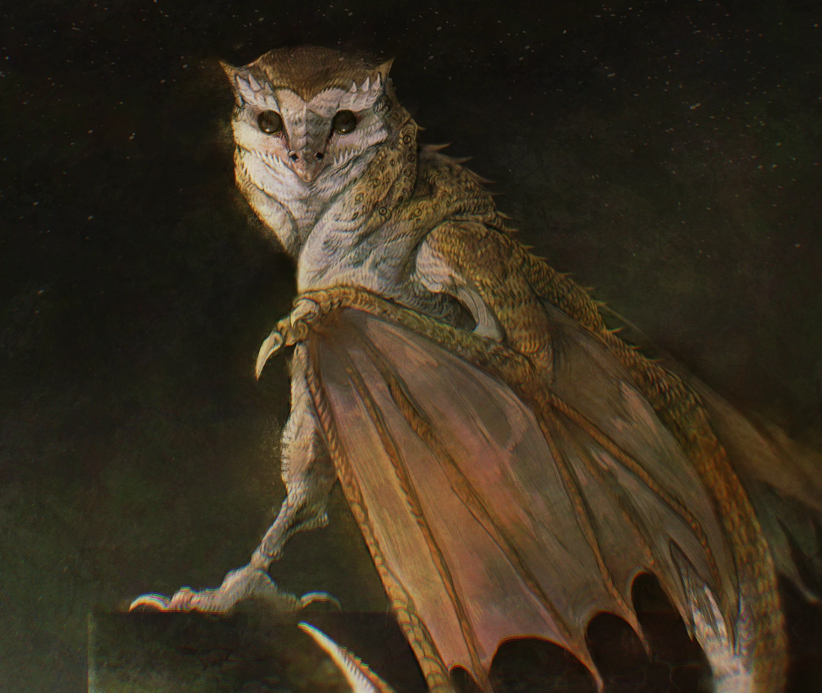 An owl headed dragon with membranous wings perched on a stone ledge in near darkness, looking straight out at the viewer.