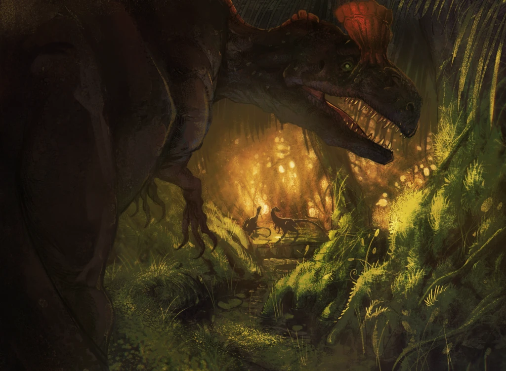A crested dinosaur pushes its head through dense jungle foliage toward a small lit clearing, where two much smaller dinosaurs are visible in the light below.