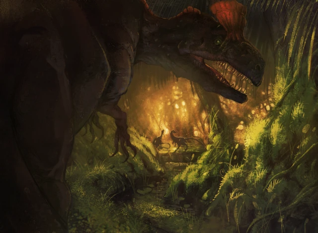 A crested dinosaur pushes its head through dense jungle foliage toward a small lit clearing, where two much smaller dinosaurs are visible in the light below.