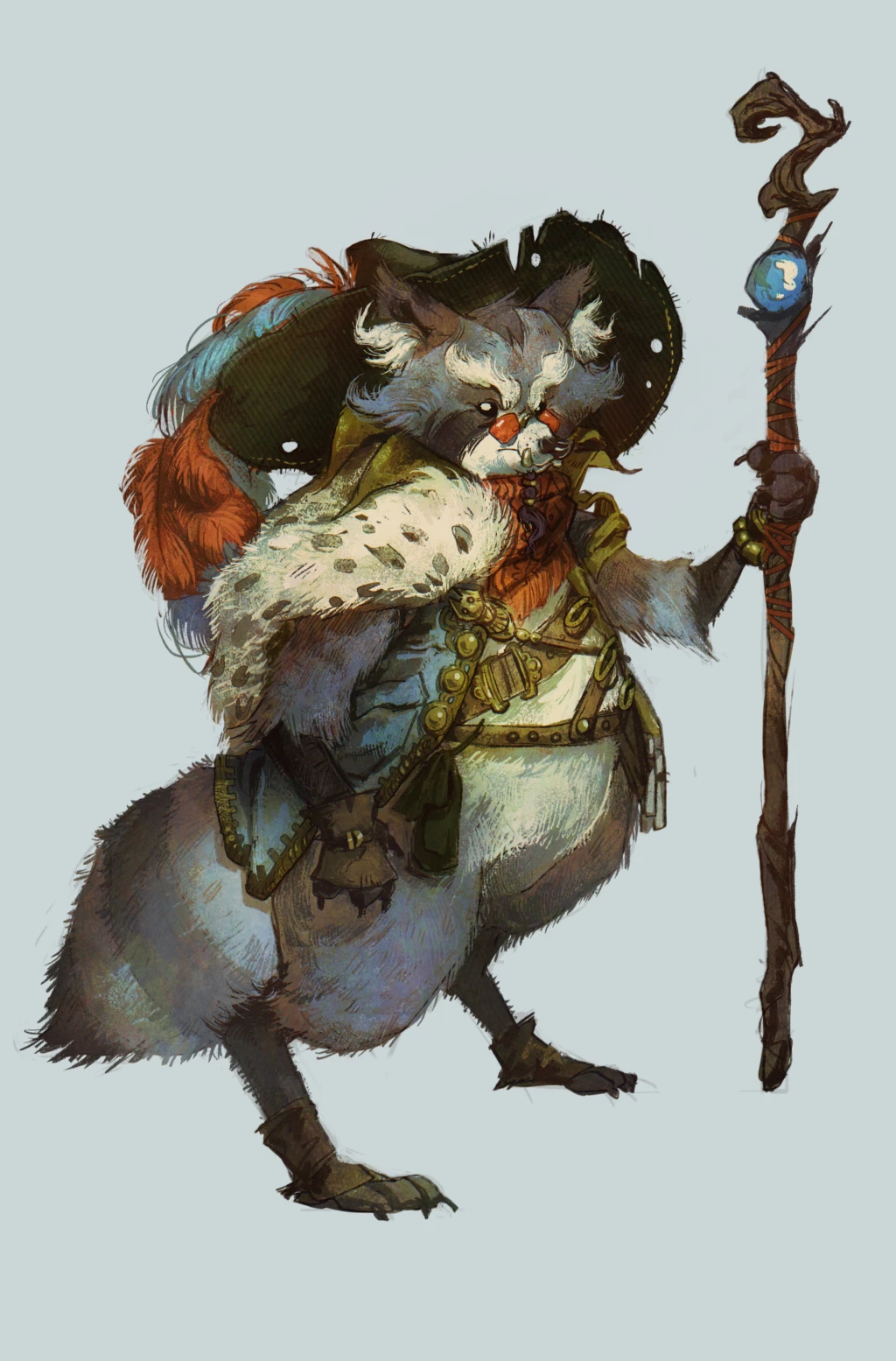 Full-body design of a raccoon standing on it's hind legs, wearing a dramatic teal outfit and holding a staff in it's right paw.
