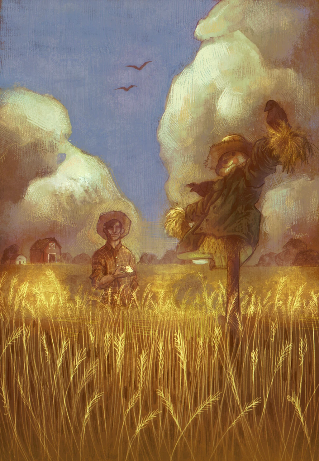 A farmer approaches a crow-ladened scarecrow with a sandwich in his hand, in the middle of a wheatfield and a big blue sky above. 