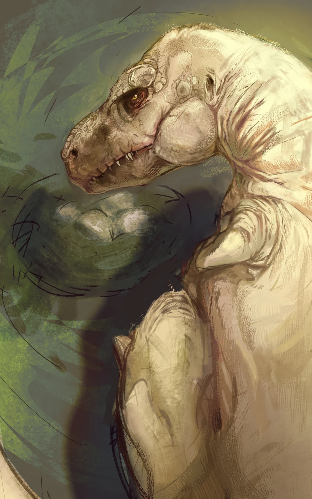 Work-in-progress shot of the dinosaur, colours and lighting but no rendering