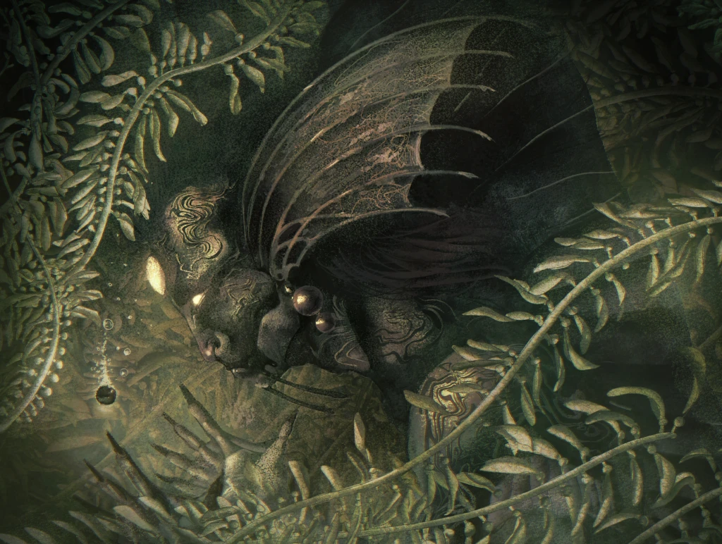 A horizontal portrait of a mermaid with dark grey skin and a glowing orb on her forehead within a murky underwater space accentuated with kelp. Her clawed hands reach out towards a falling black pearl.