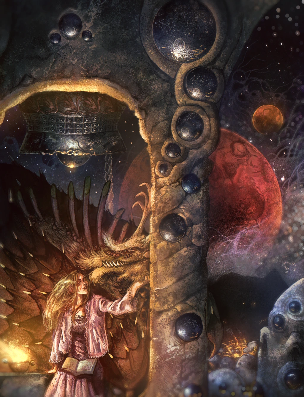 A girl in a violet robe holding a book stands beside a huge dragon's head under a stone archway, with moons and stars filling the sky behind them.
