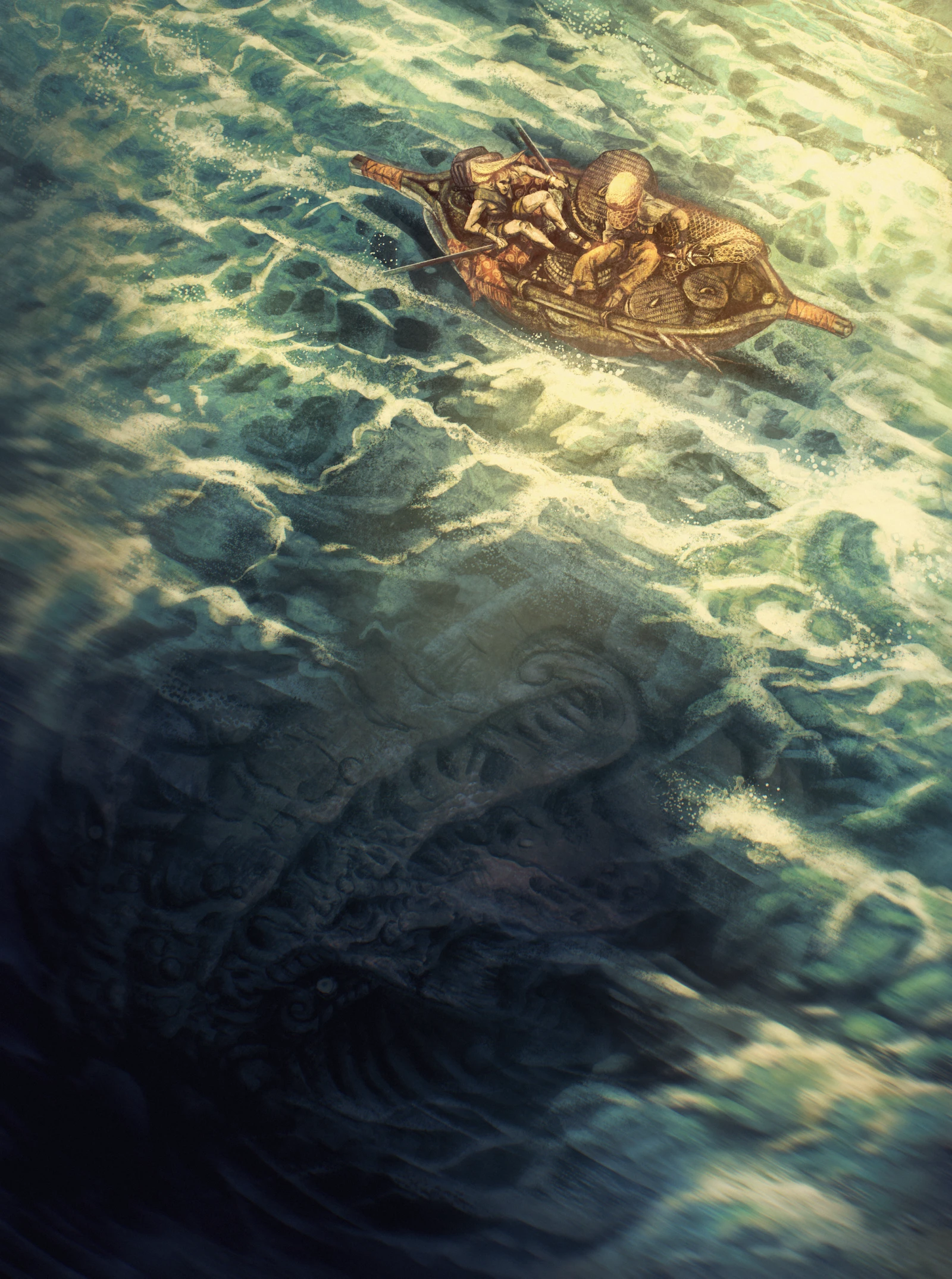 A small rowboat carrying several figures on sunlit green water, with the shape of an enormous creature visible under the surface beneath them.