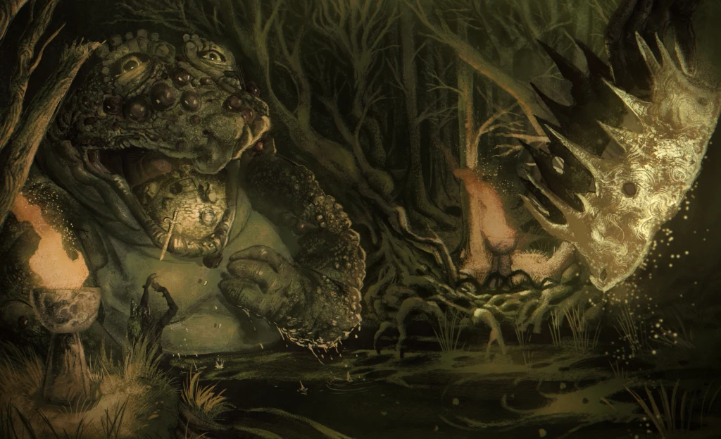 A large warty toad creature sitting at the edge of a dark swamp, with someone off-camera in the foreground holding a bright glowing crown.