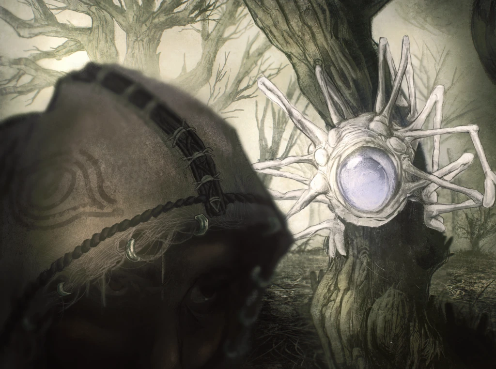 A hooded figure in the foreground looks toward a pale bone coloured creature with many thin limbs and one large eye, clinging to a tree trunk in a dead forest.