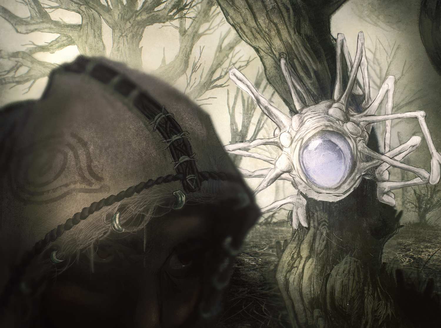 A hooded figure in the foreground looks toward a pale bone coloured creature with many thin limbs and one large eye, clinging to a tree trunk in a dead forest.