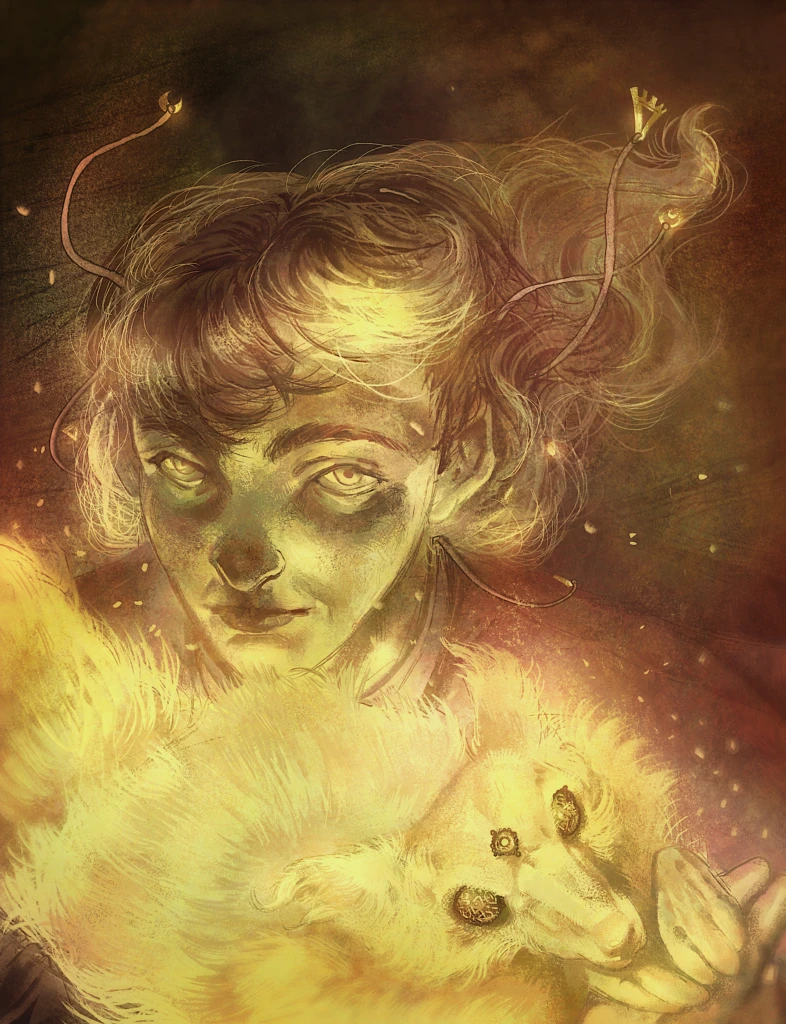 A young witch in warm gold light holding a pale fluffy creature, with pins in her hair and small sparks drifting around her.