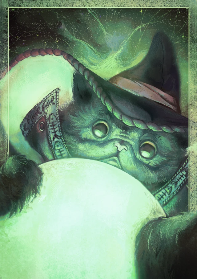 A cat wearing a wizards brimmed hat holding a green glowing orb behind a galaxy.