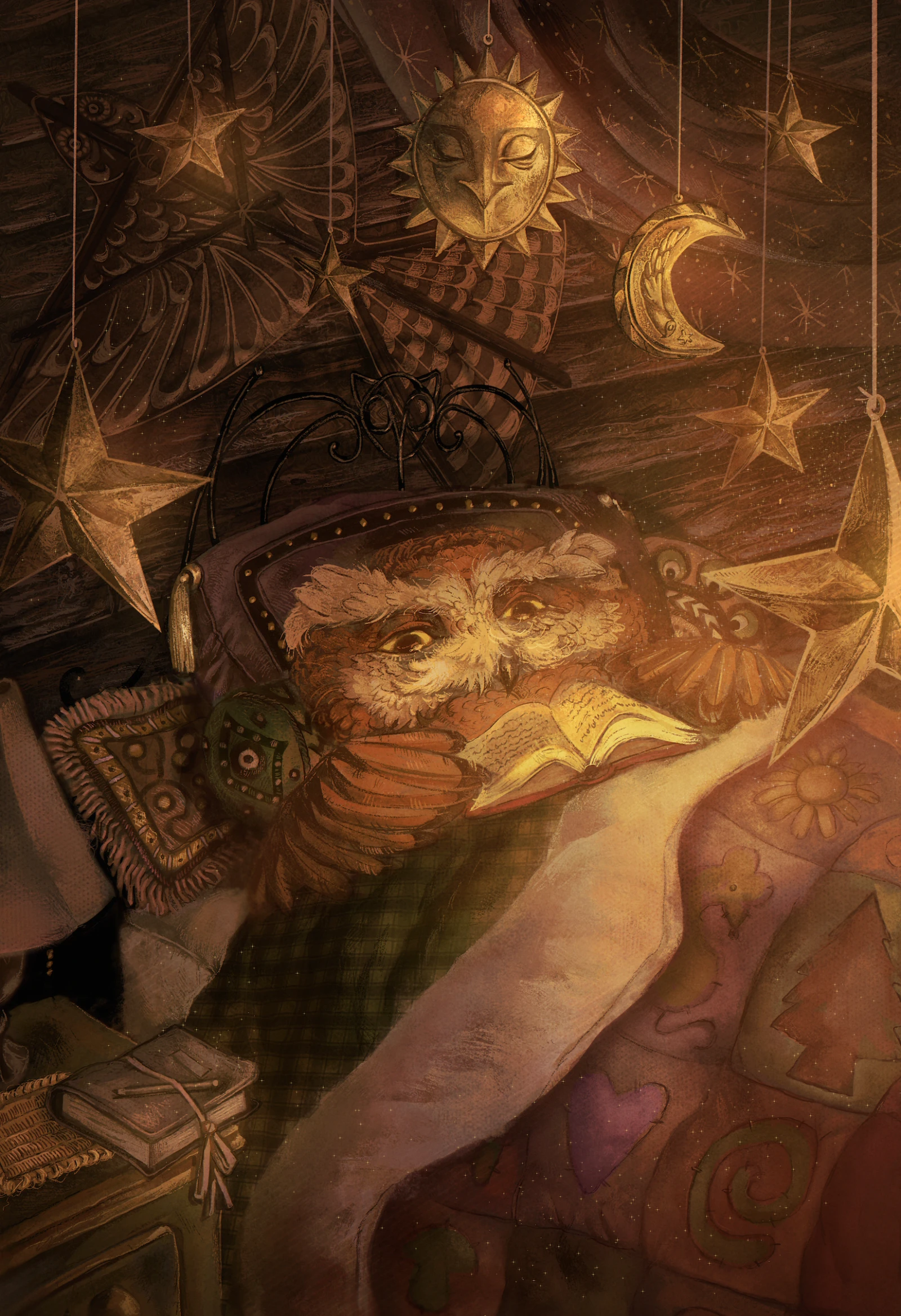 A digital illustration of an orange owl laying down on a heavily pillowed bed reading a book as morning light slants in. There are golden ornaments of stars and a moon hanging above, as well as some wall fixtures and a nightstand.