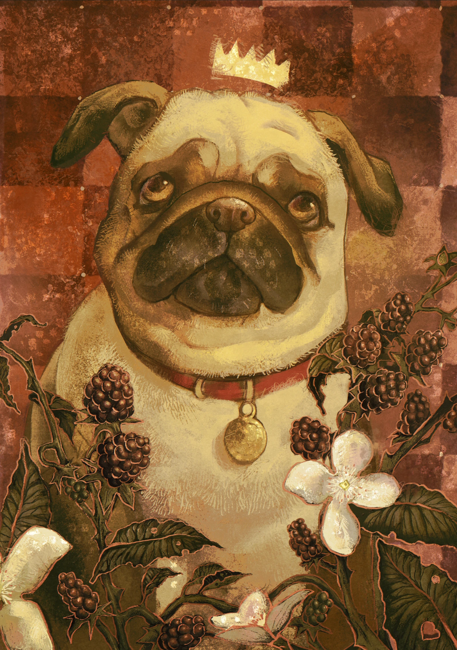 A digitally painted portrait of a pug behind a salmon-coloured checkerboard background. There is a graphic of a crown over the dog's head, and blackberries decorate the bottom half of the portrait.