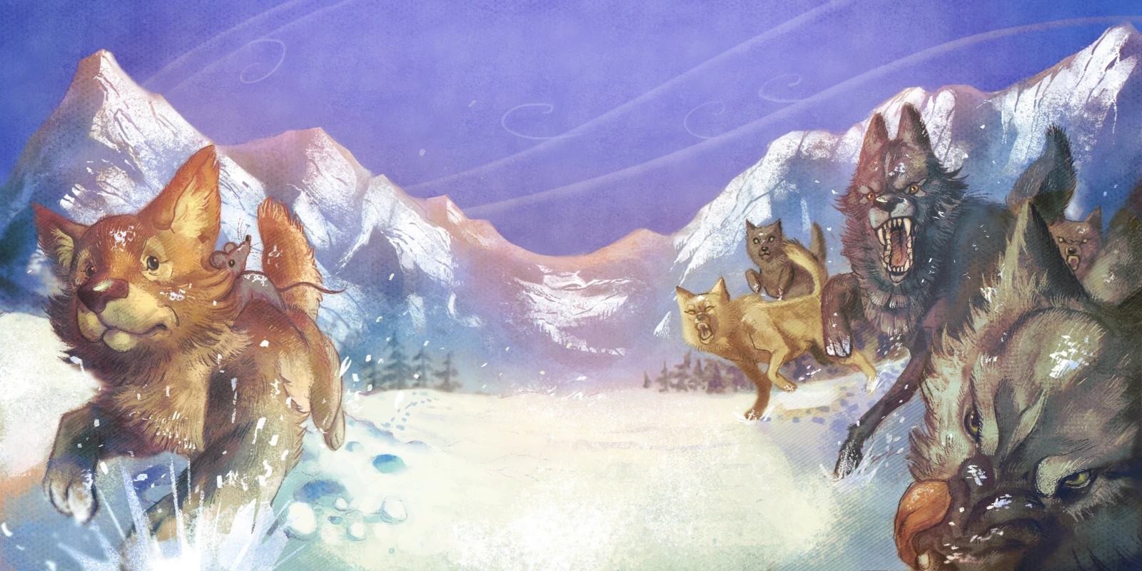 A wolf cub with a little mouse on his back is chased by a pack of wolves in a cold, snowy landscape with a mountain range in the background.