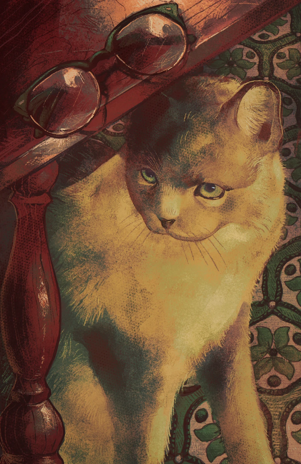 A digital painting of a tan-coloured cat underneath a red table, where a pair of green glasses rests. There is also a busily patterned green rug in the background.