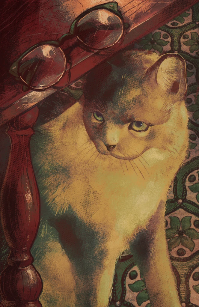 A digital painting of a tan-coloured cat underneath a red table, where a pair of green glasses rests. There is also a busily patterned green rug in the background.