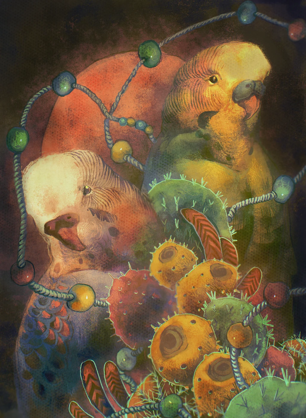 A digital painting of two parakeet's  behind a black and red background, with decorative cactuses separating the two. 