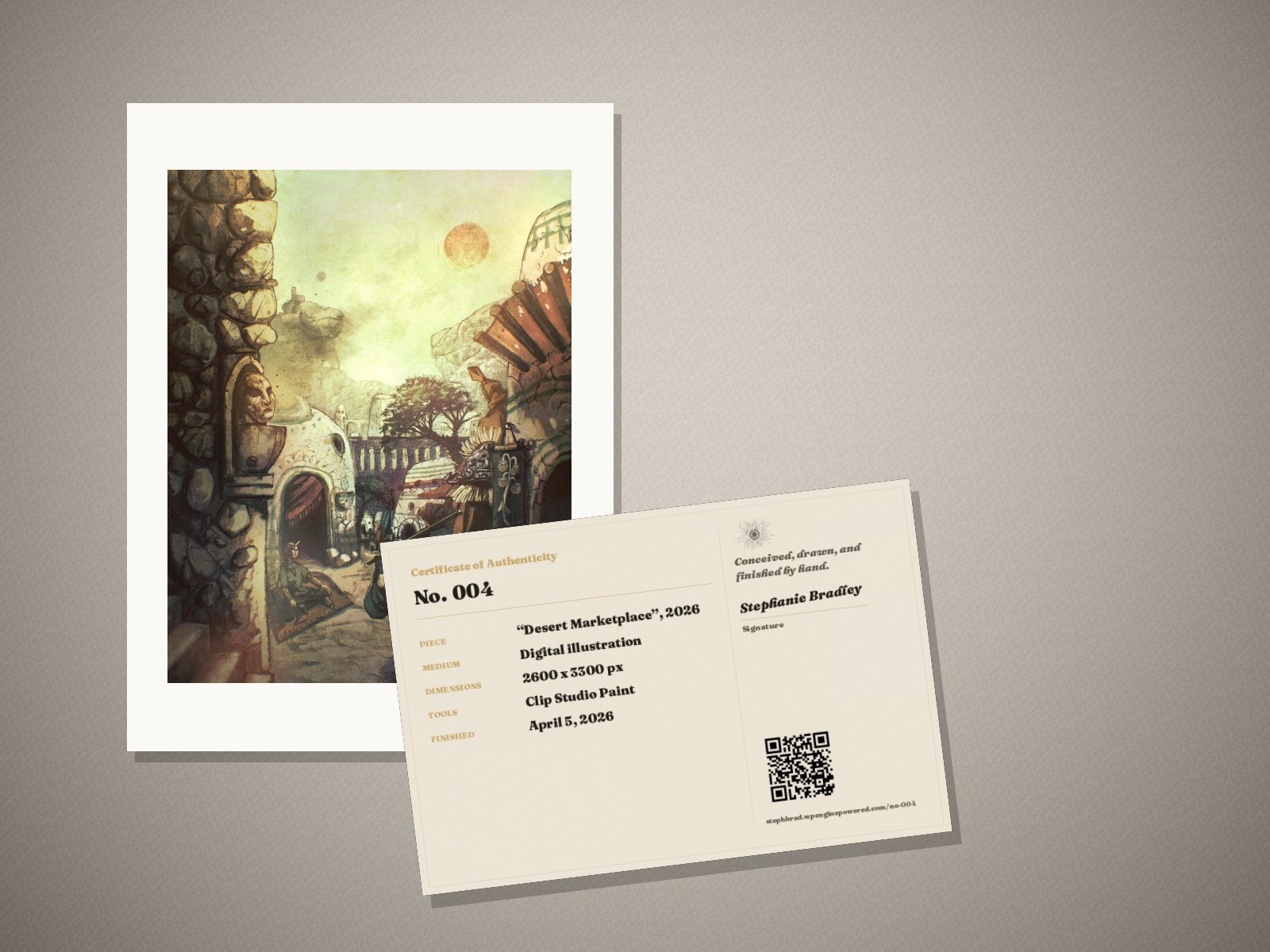What arrives: the “Desert Marketplace” print in its mat, with its signed certificate of authenticity