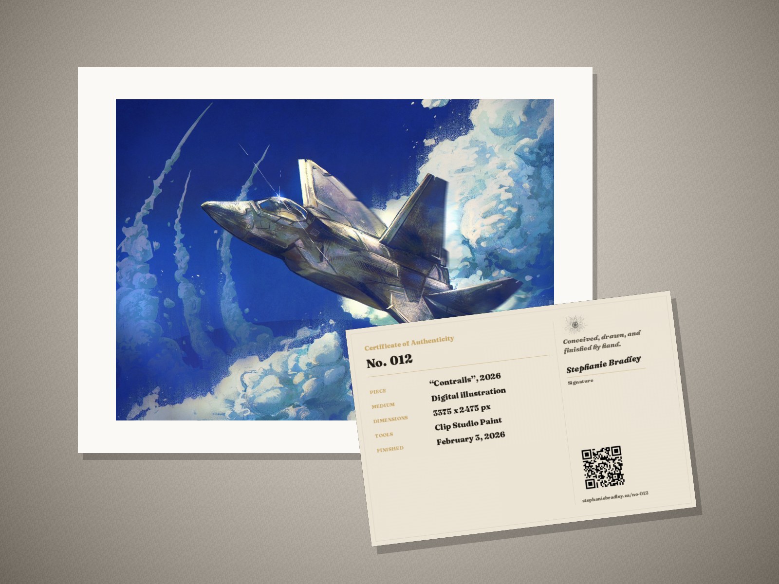 What arrives: the “Contrails” print in its mat, with its signed certificate of authenticity