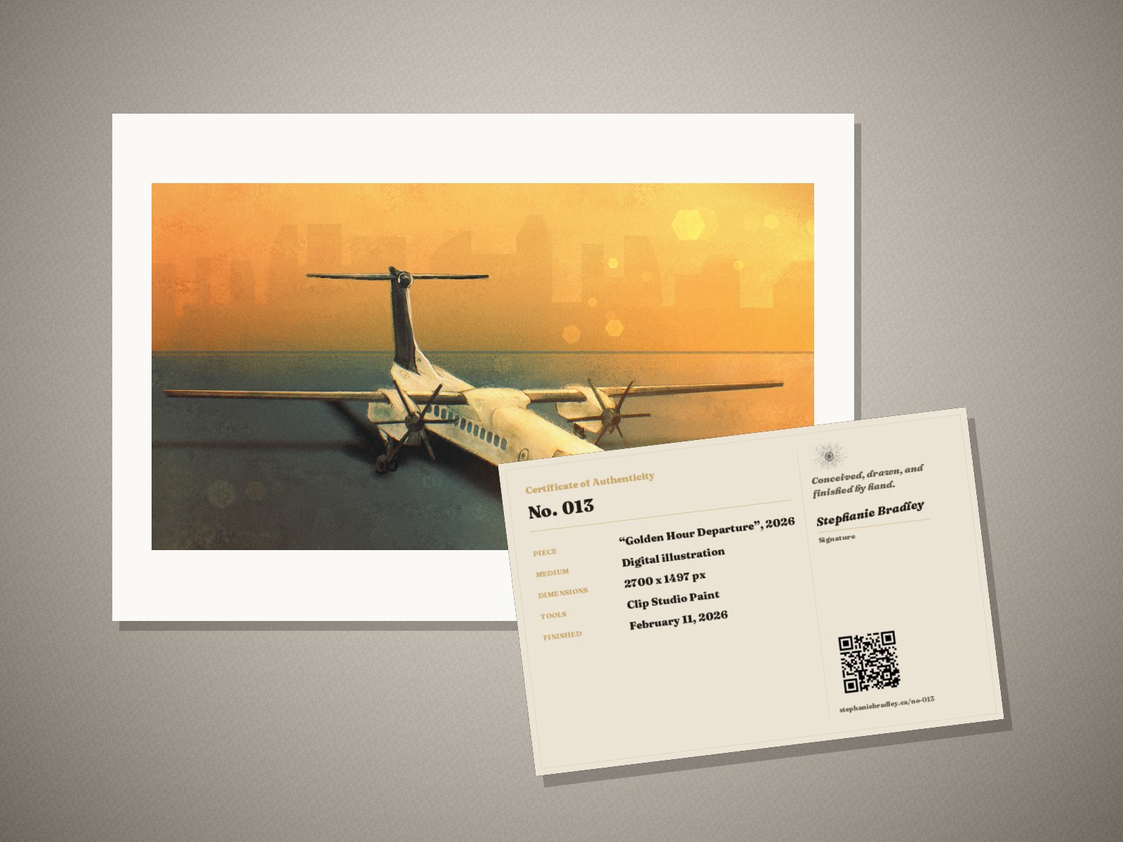 What arrives: the “Golden Hour Departure” print in its mat, with its signed certificate of authenticity
