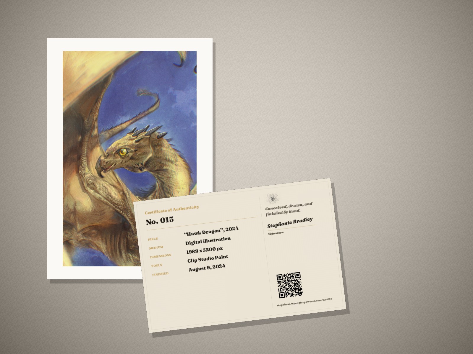 What arrives: the “Hawk Dragon” print in its mat, with its signed certificate of authenticity