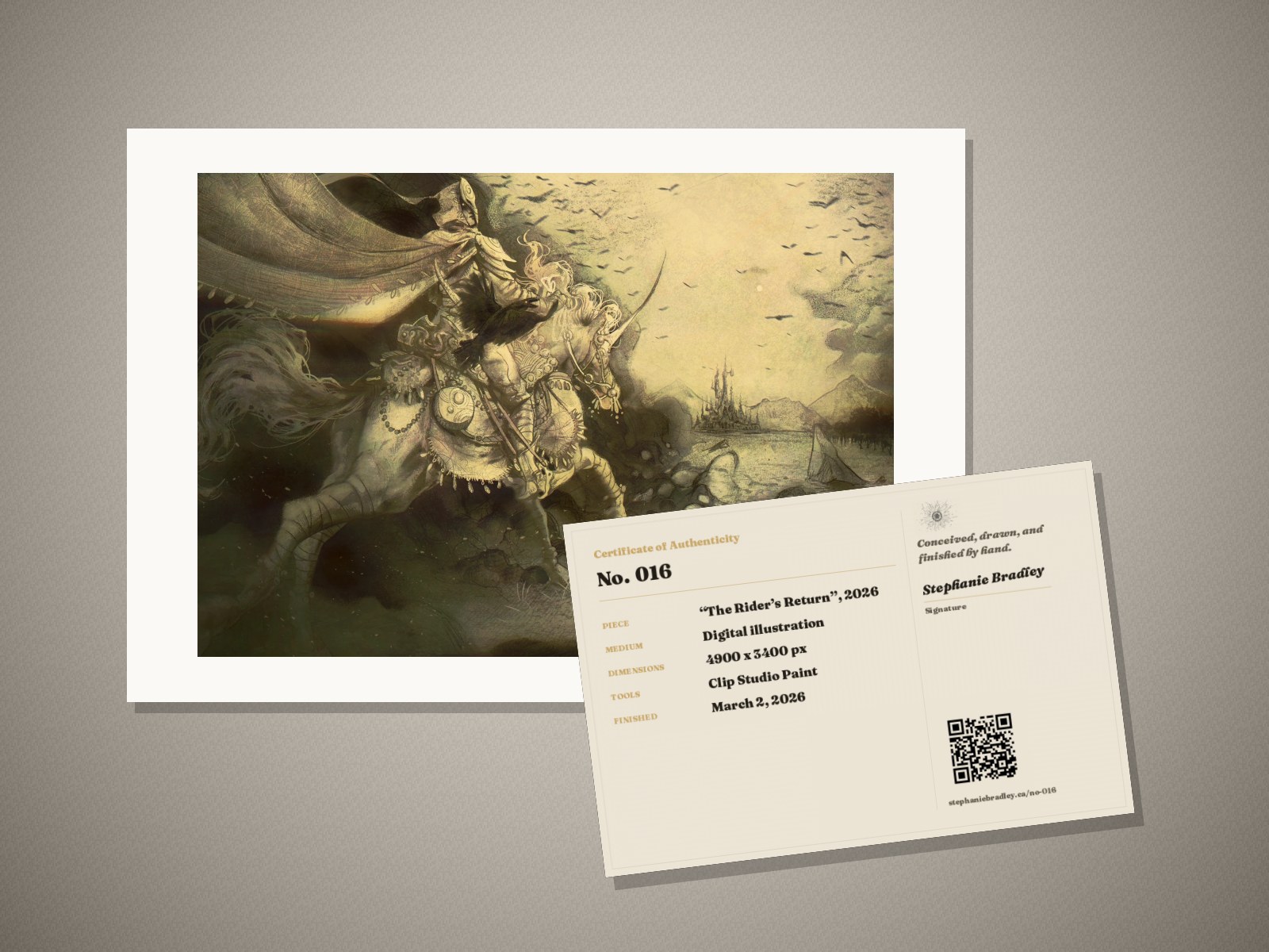 What arrives: the “The Rider’s Return” print in its mat, with its signed certificate of authenticity