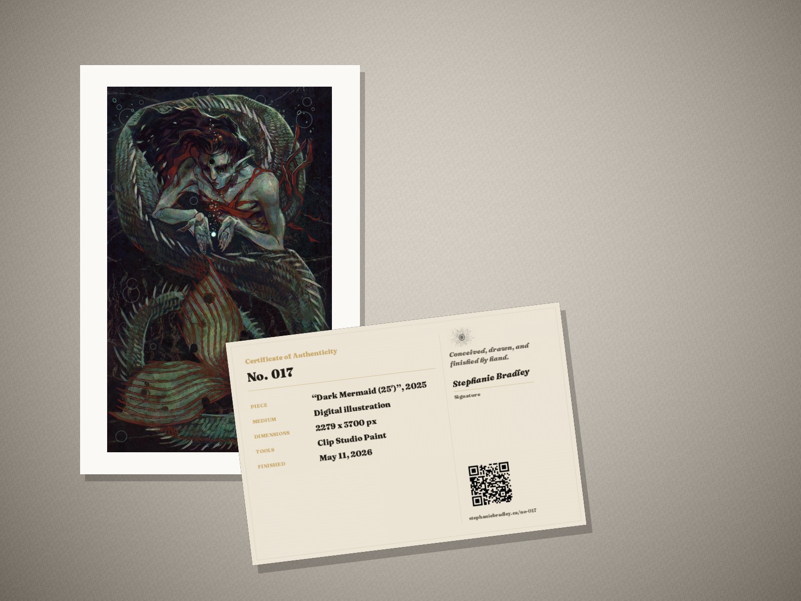 What arrives: the “Dark Mermaid (25′)” print in its mat, with its signed certificate of authenticity