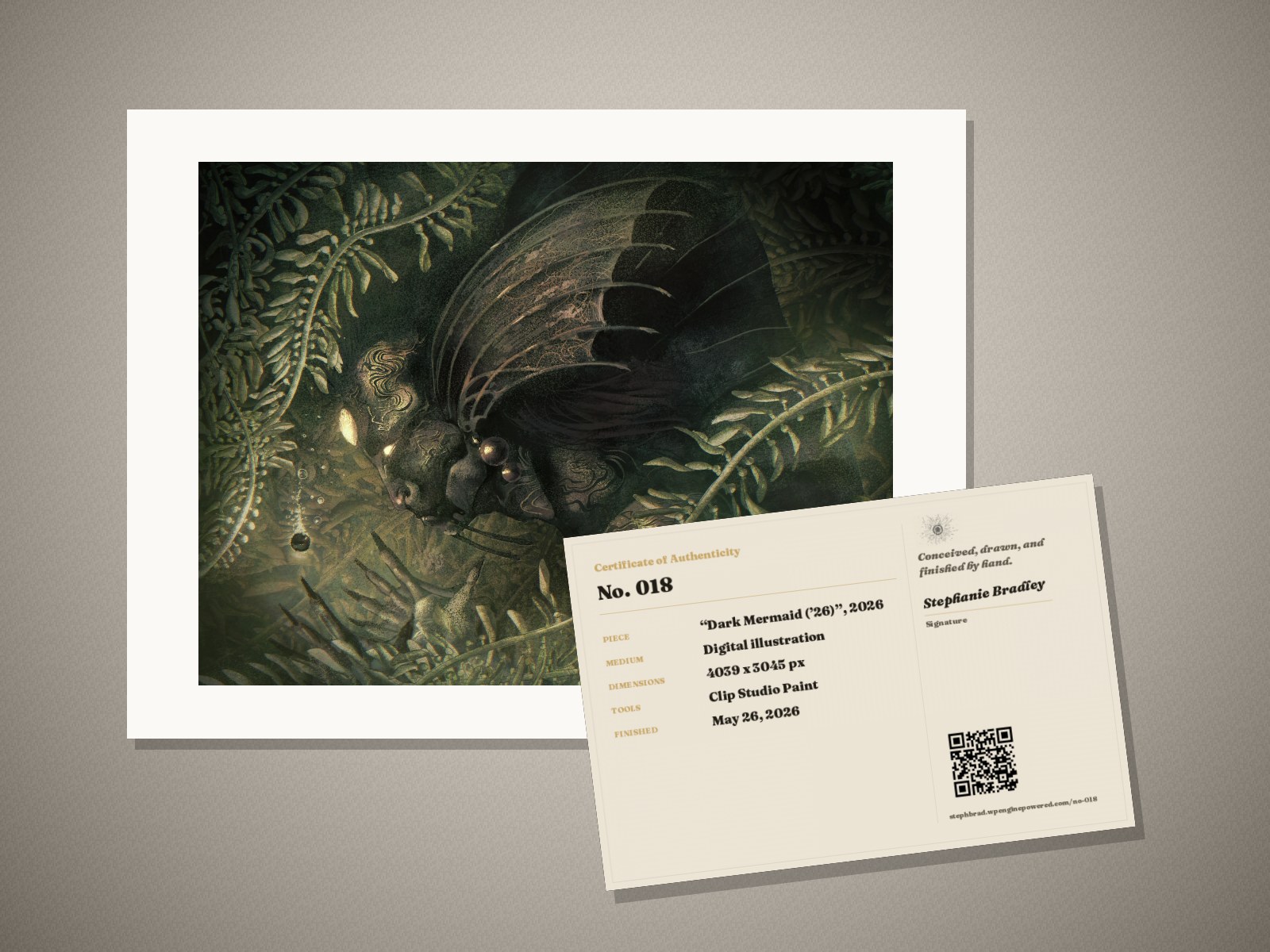 What arrives: the “Dark Mermaid (’26)” print in its mat, with its signed certificate of authenticity