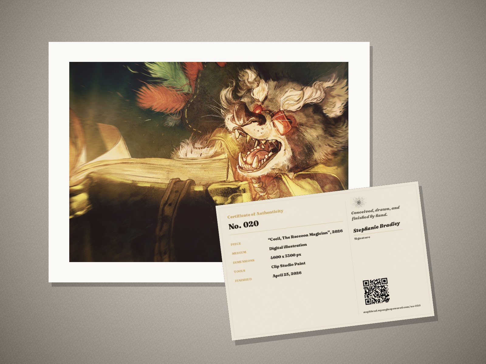 What arrives: the “Cecil, The Raccoon Magician” print in its mat, with its signed certificate of authenticity