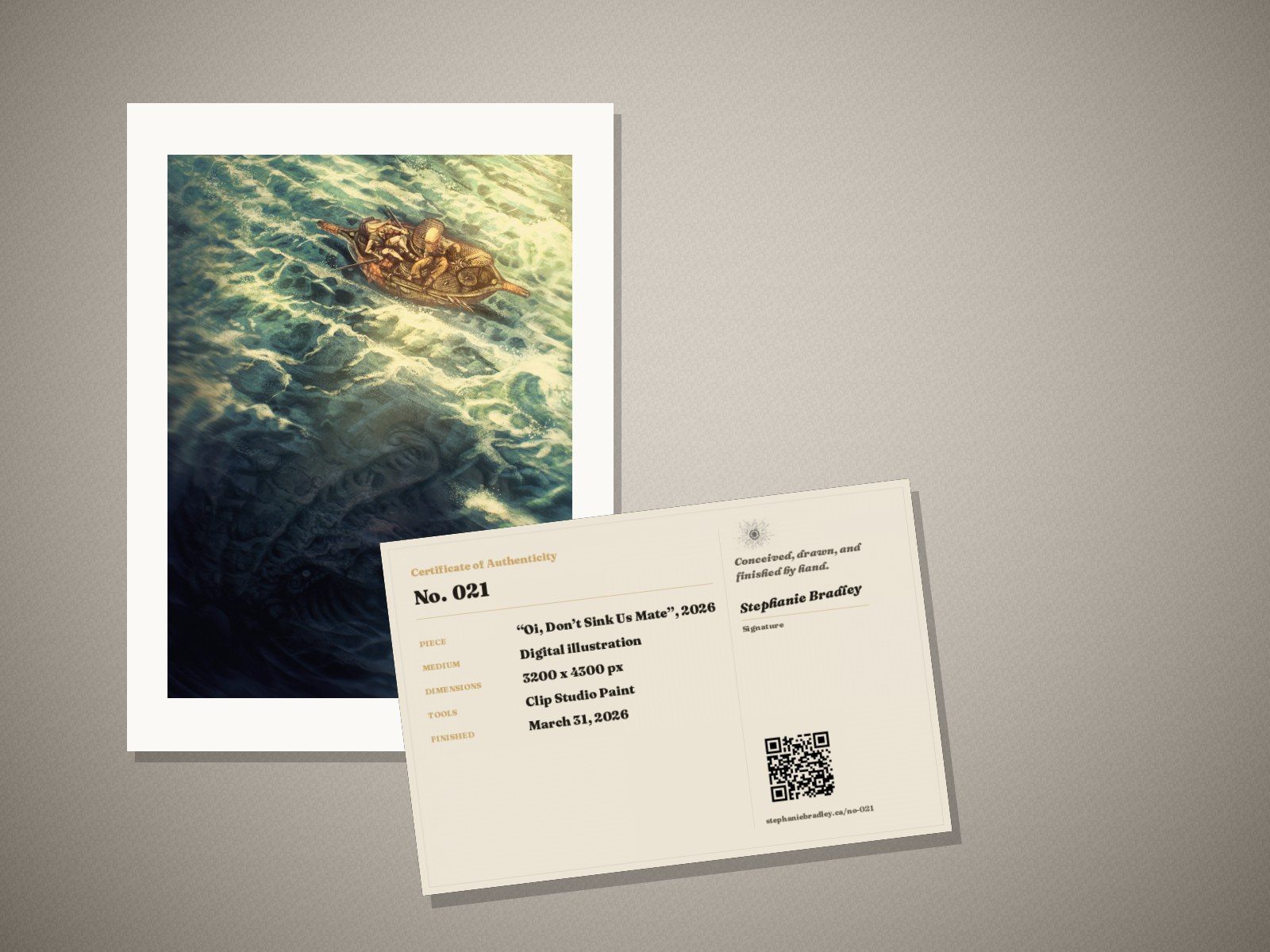 What arrives: the “Oi, Don’t Sink Us Mate” print in its mat, with its signed certificate of authenticity