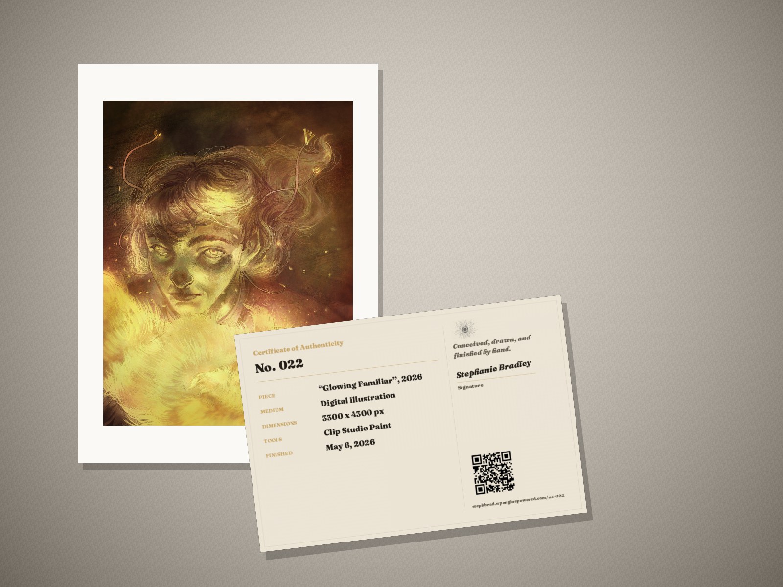 What arrives: the “Glowing Familiar” print in its mat, with its signed certificate of authenticity