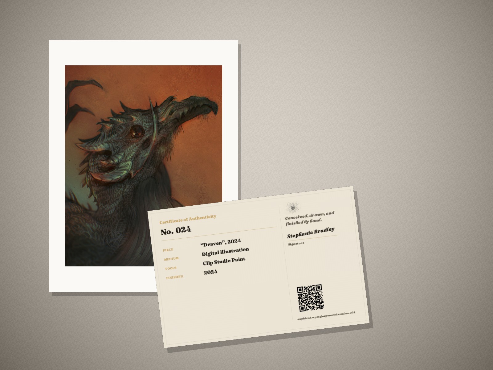 What arrives: the “Draven” print in its mat, with its signed certificate of authenticity