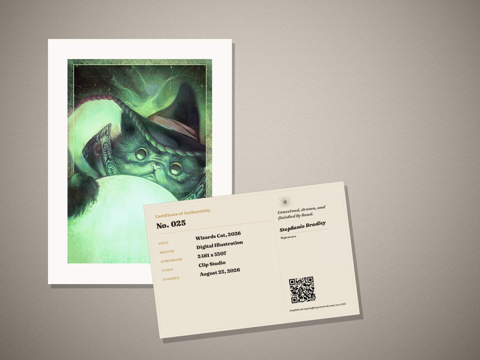 What arrives: the “Wizards Cat” print in its mat, with its signed certificate of authenticity
