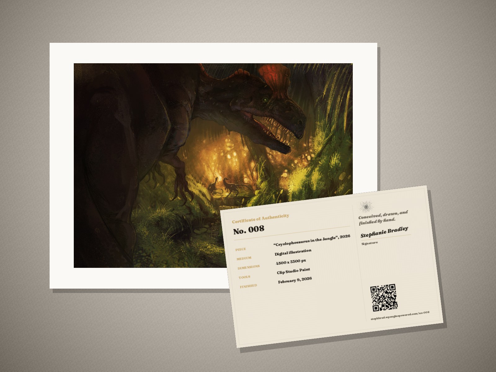What arrives: the “Cryolophosaurus in the Jungle” print in its mat, with its signed certificate of authenticity