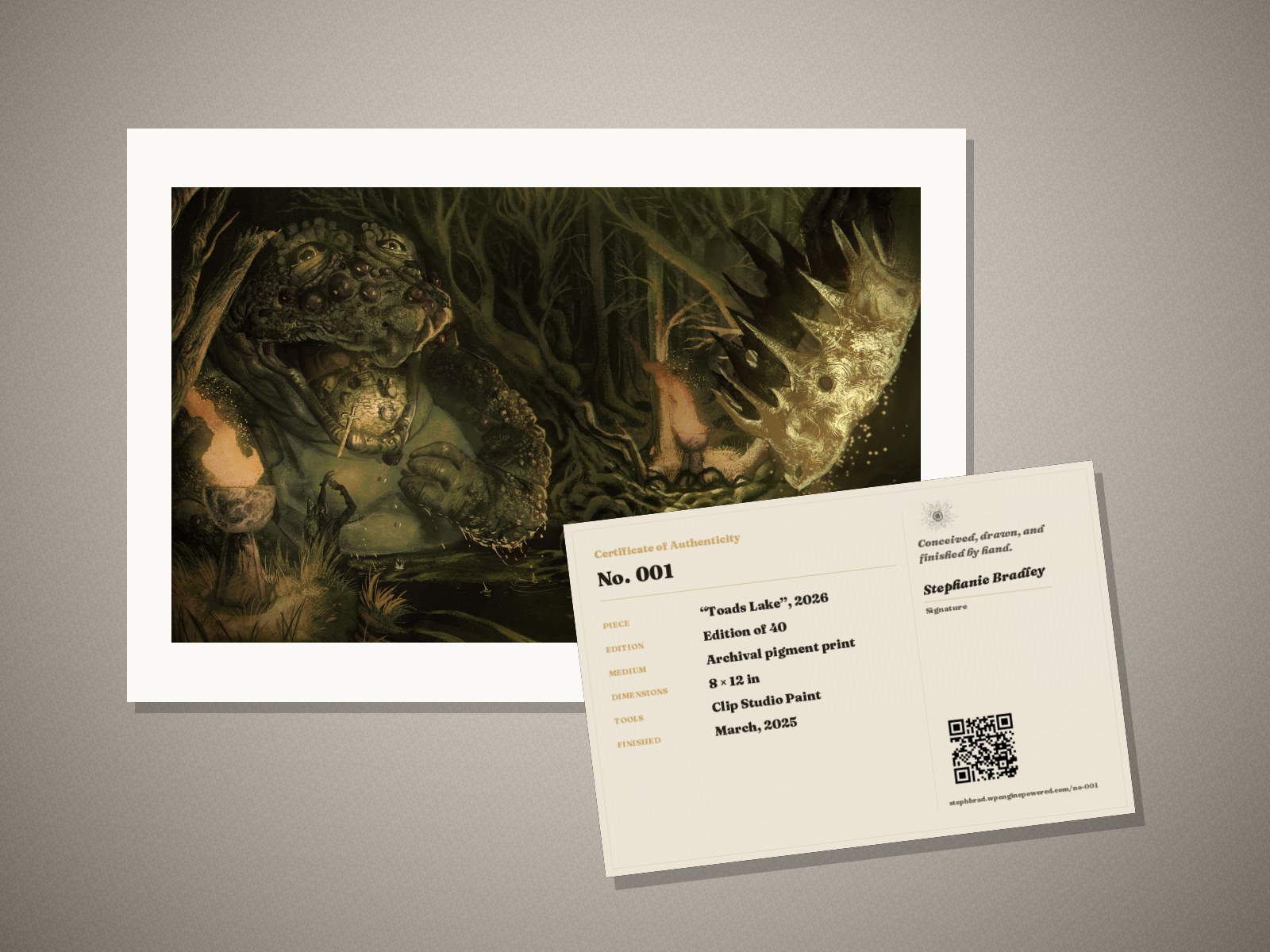 What arrives: the “Toads Lake” print in its mat, with its signed certificate of authenticity