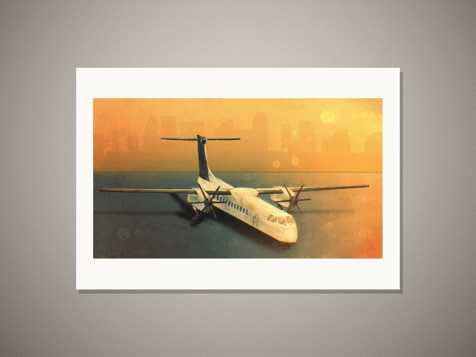 “Golden Hour Departure” art print in a white mat on a wall
