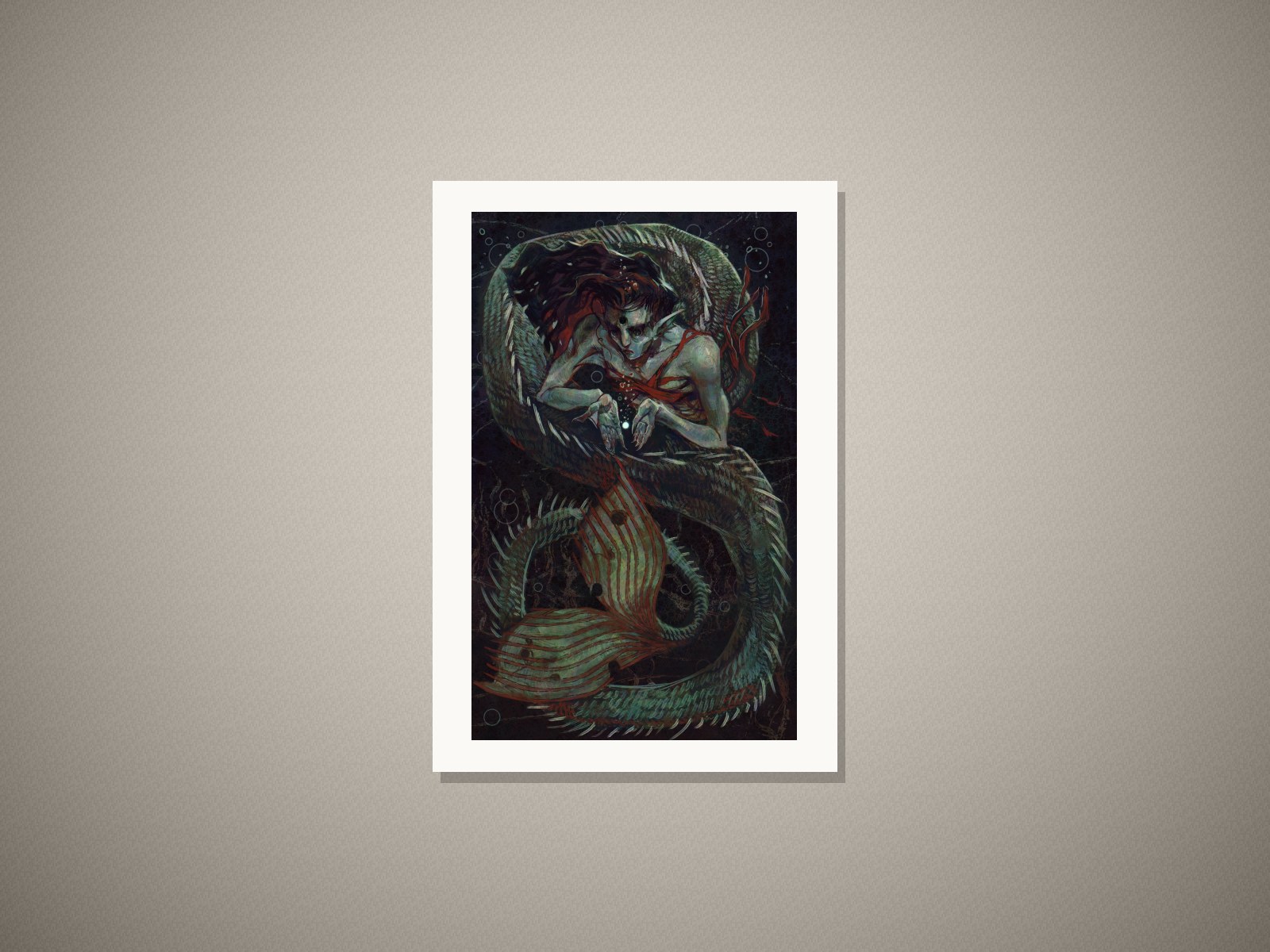 “Dark Mermaid (25′)” art print in a white mat on a wall